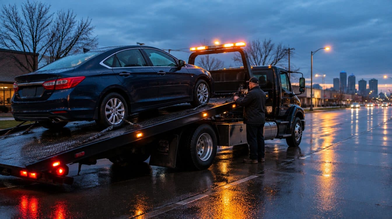 Flatbed tow truck loading a sedan on a metro Detroit road at dusk