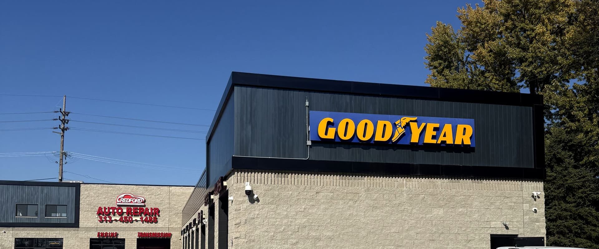 Goodyear sign on the Redford Auto Repair building on Telegraph Road in Redford