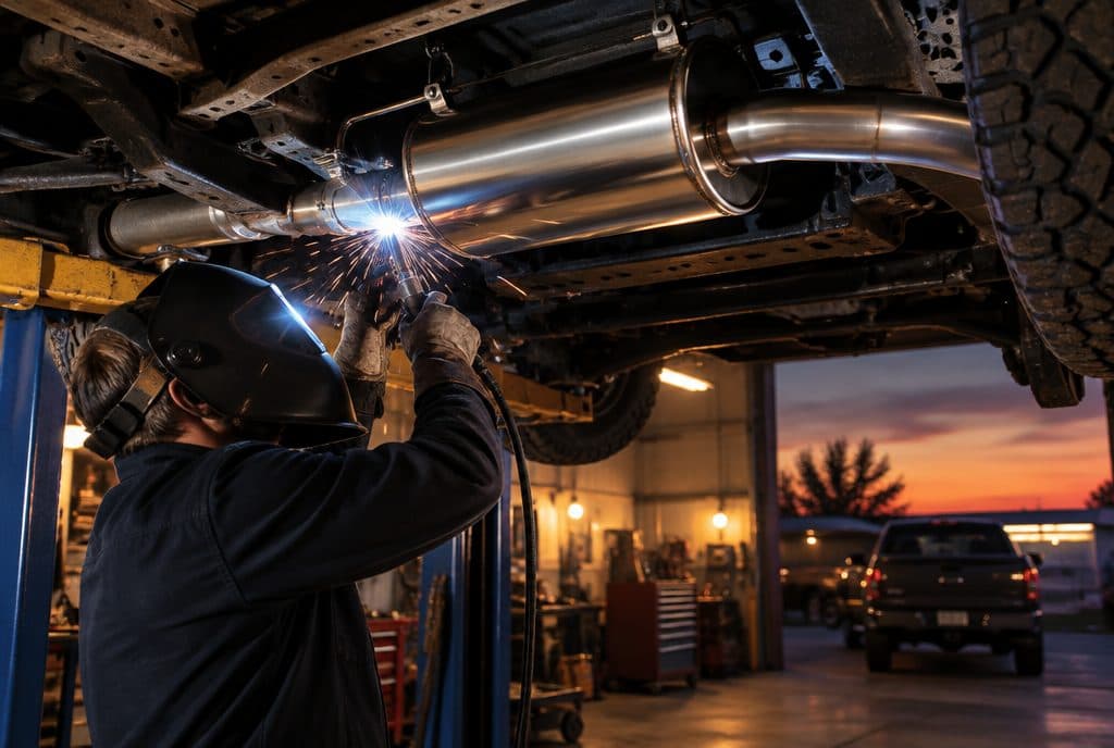 Technician welding a new exhaust muffler under a truck