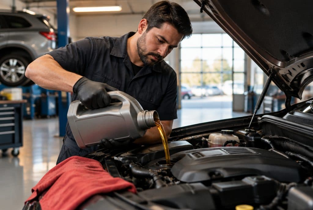 Technician pouring fresh synthetic oil into an SUV engine