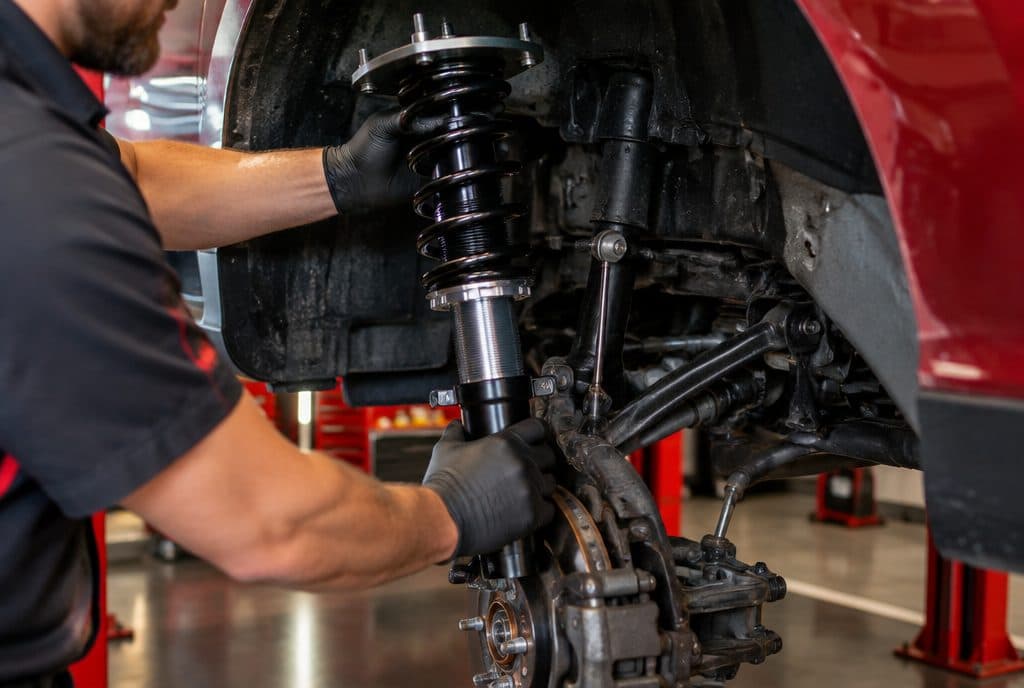 New strut assembly being installed on a car's front suspension
