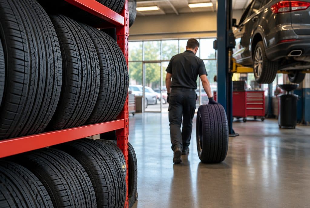 Rack of new tires inside a tire and auto service center