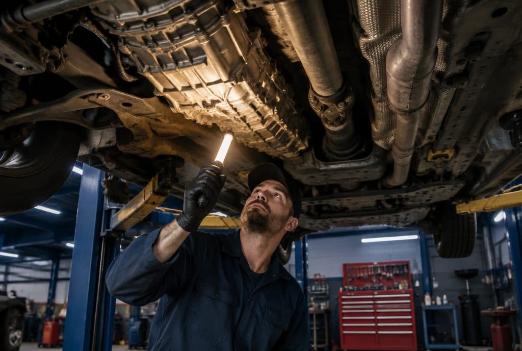 Technician inspecting a transmission from below a lifted car